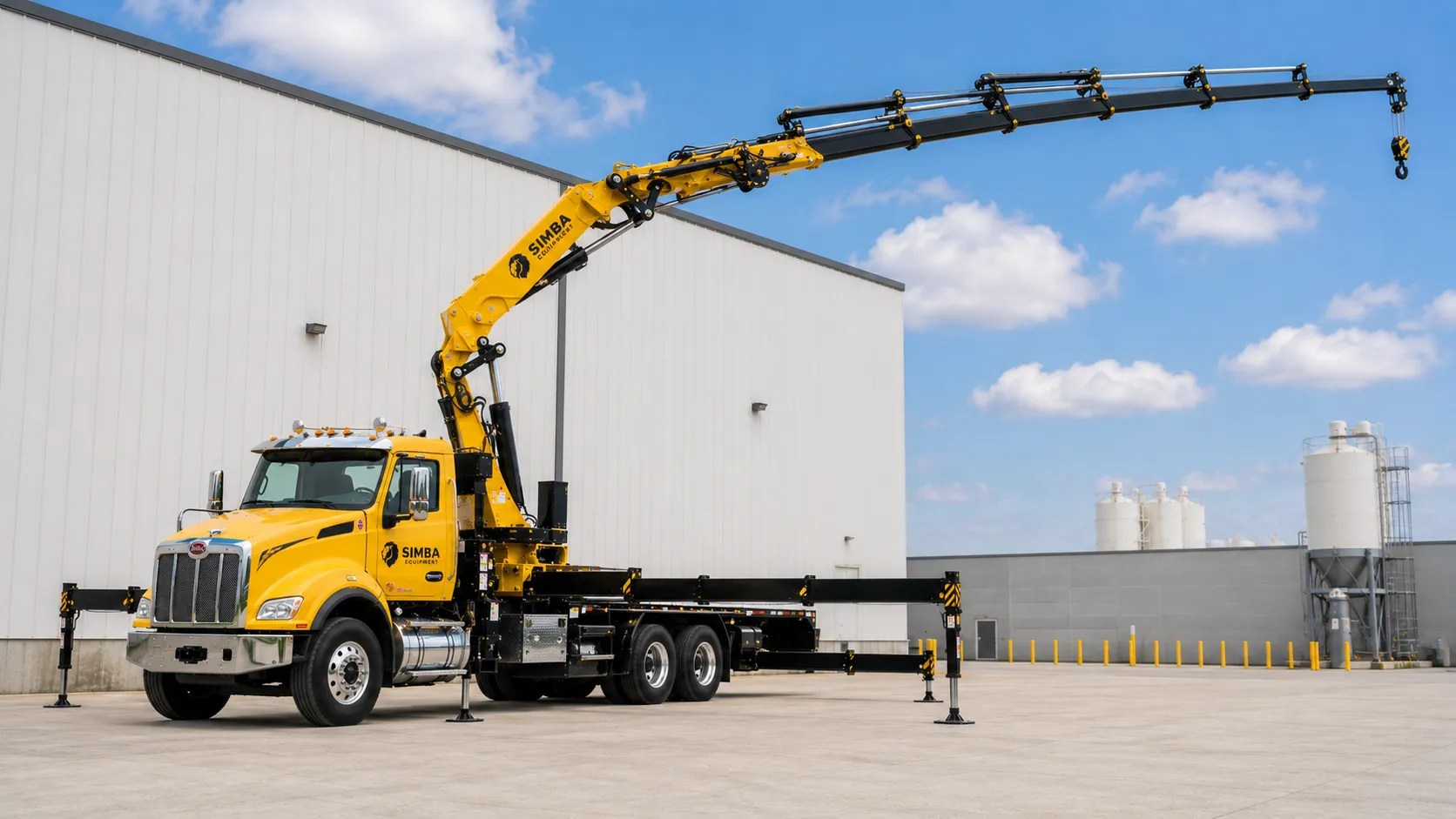 Knuckle boom crane with articulated boom extended on a job site