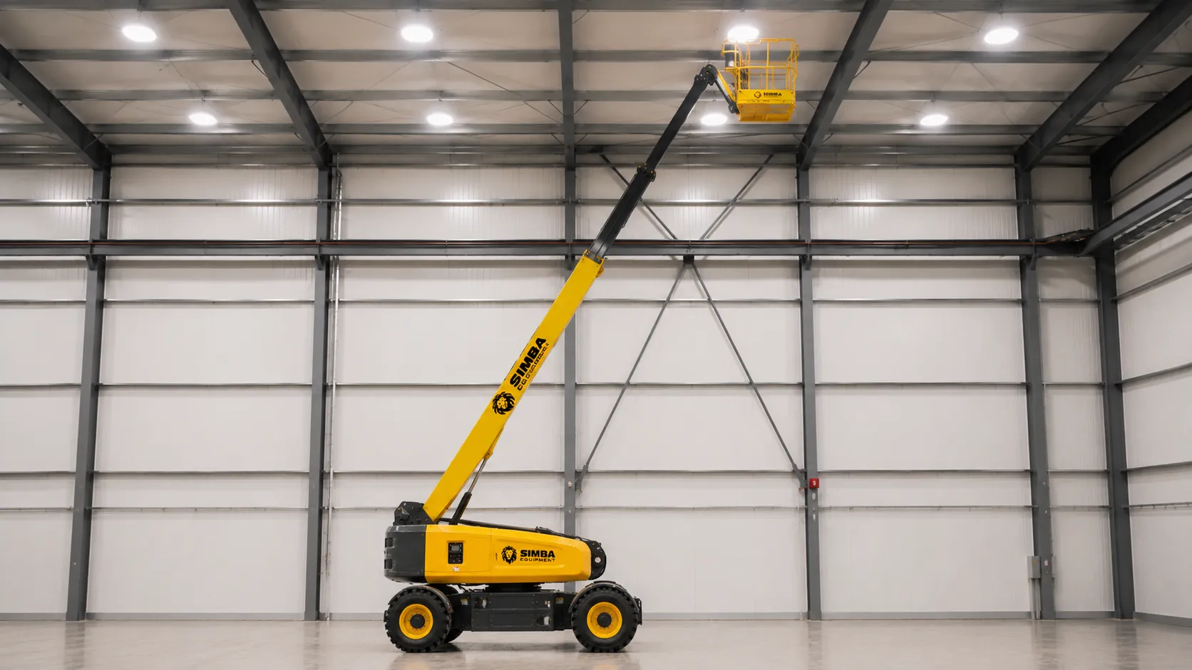 Self-propelled boom lift extended on a job site