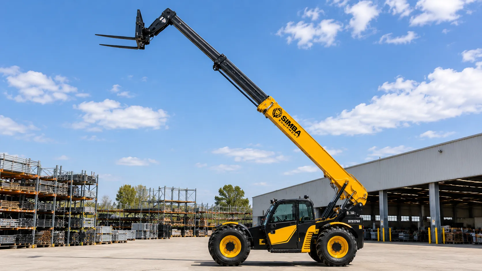 Telehandler with boom extended on a job site